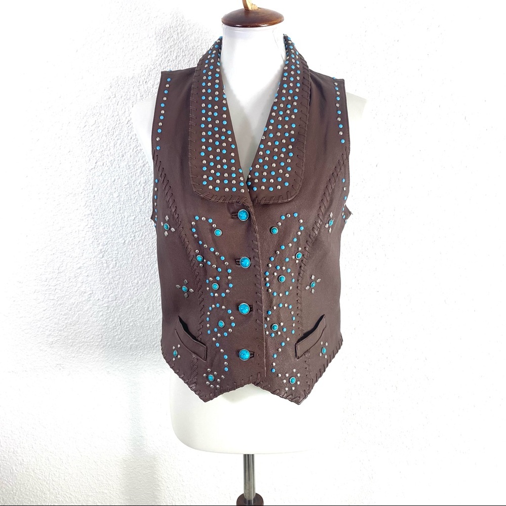 DGH Western Whipstitch  Leather Suede Turquoise Stud Vest SZ XS